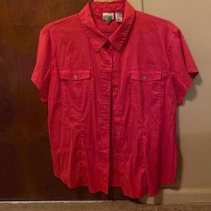 Short sleeve button up. It’s stretchy and can be casual or dressy.